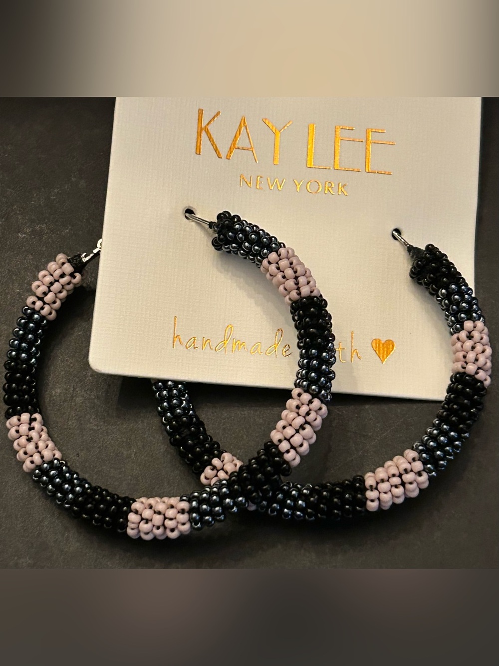 Black & Light Pink Hand Beaded 2.50” Hoop Earrings - Handcrafted Seed Beads